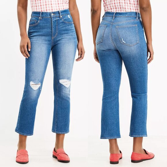 NEW Loft Destructed High Rise The Kick Crop Jeans in Mid Blue Wash Petite 30 $90 - Picture 1 of 16